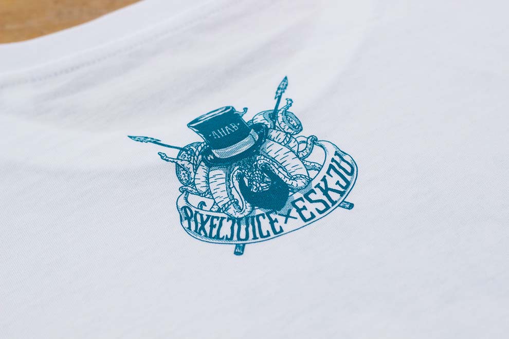 Pixel juice logo on a white tshirt